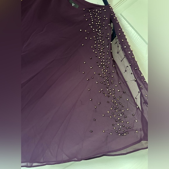 NWOT XSCAPE Purple Stretch Embellished Cape Overlay Sleeveless Dress; women’s 8 - Picture 3 of 11